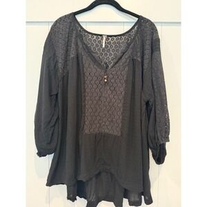 Free People Women's Medium Black Lace Detail Tunic Top Blouse